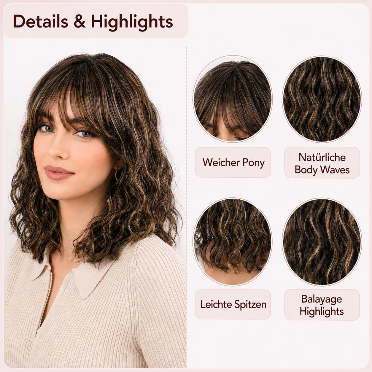 40 cm Body Wave Perücke mit Pony, Dunkelbraun-Honigblond Balayage Highlights, 100% Echthaar Perücke für Frauen, Weiche Wellen, Färbbar & Blondierbar, Pflegeleicht für Alltag und Party