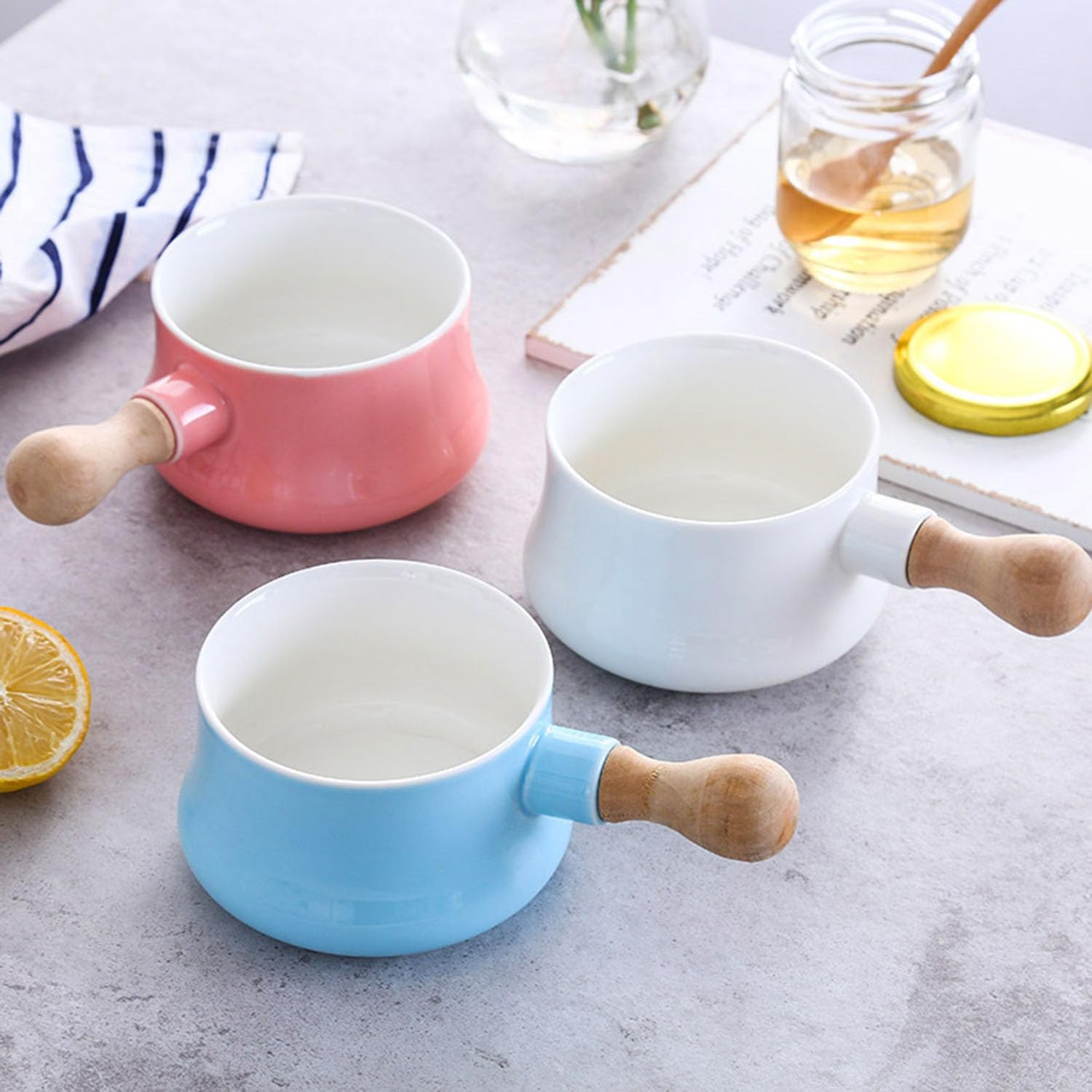 Enamel Milk Pot with Wooden Handle Non-Stick Ceramic Mini Pot Butter Warmer Frying Pan Steamer for Soup Salad Pasta Milk 380Ml Perfect Size for Heating Smaller Liquid Portions,Blue
