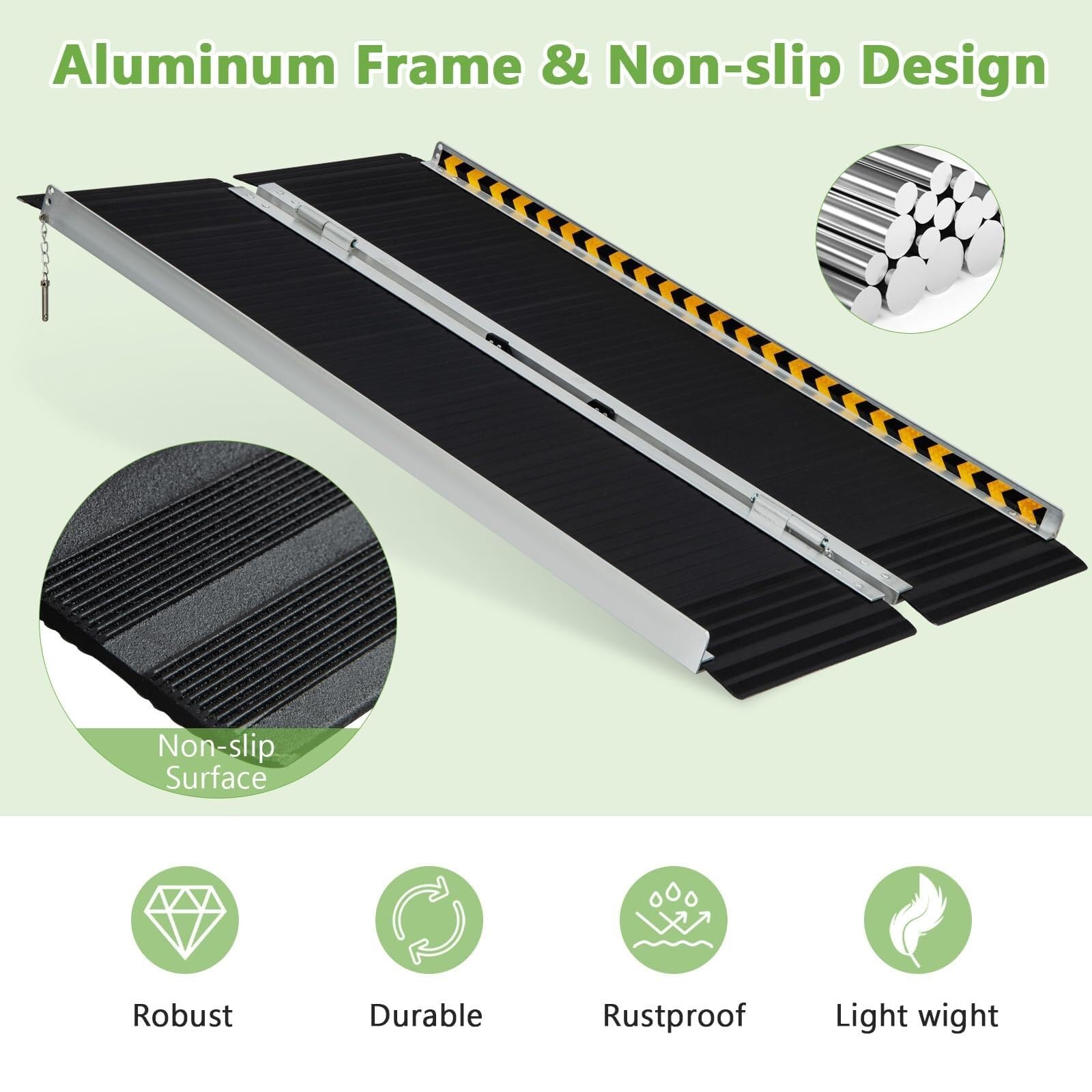 Rampa plegable portátil de aluminio para silla de ruedas con placa de transición y calcomanías reflectantes, umbral antideslizante para escalones y escaleras del hogar, capacidad de 272 kg