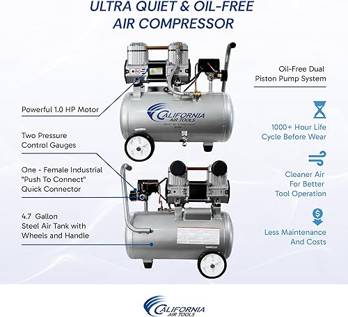 Miniatura 2 de California Air Tools CAT-4710W 1.0 HP Compresor de aire silencioso sin aceite con ruedas, capacidad de tanque de 4.7 galones, nivel de ruido de 75