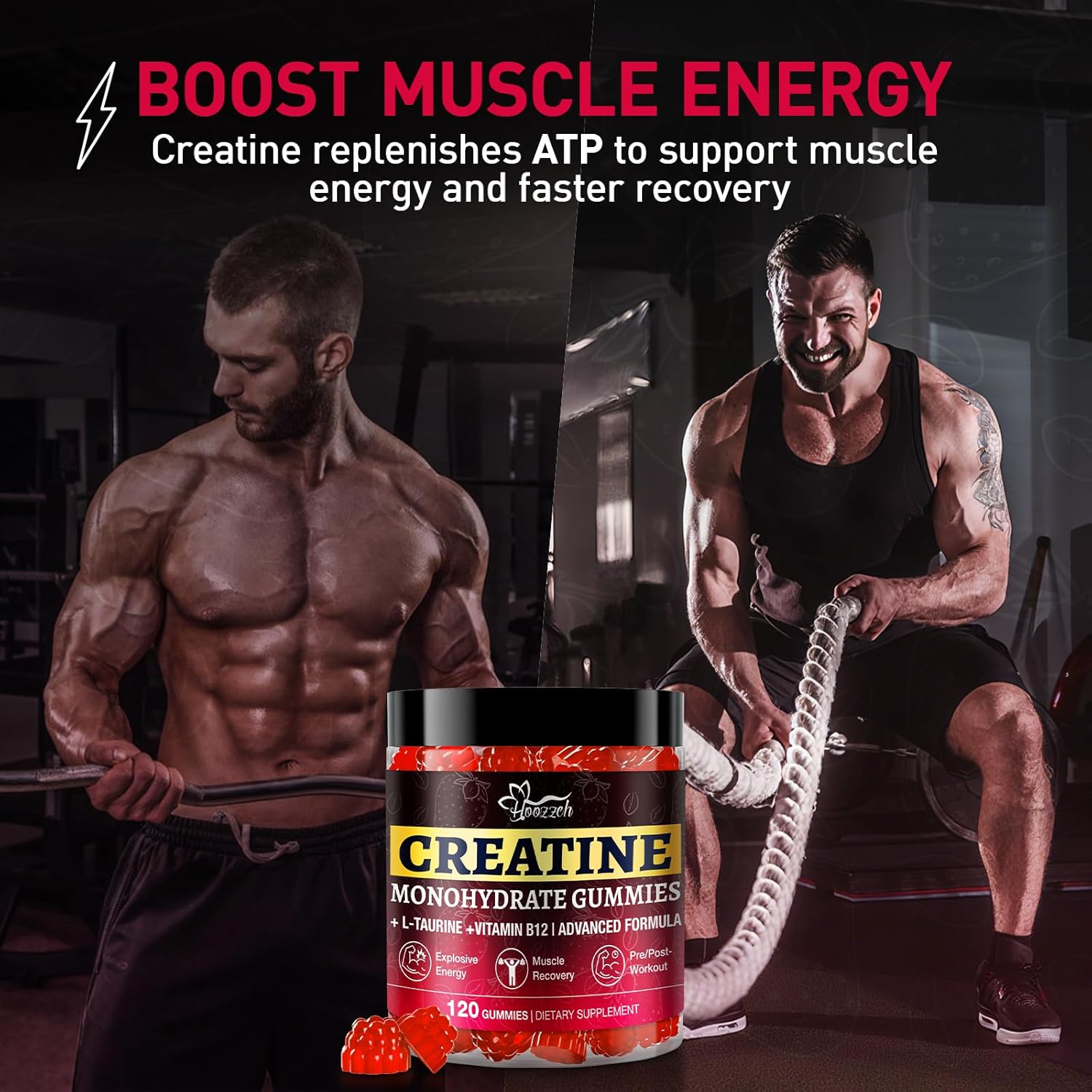 Creatine Gummies for Men & Women, Creatine Monohydrate Gummies, 5g Creatine per Serving, Gluten Free, Vegan Friendly, Strawberry Flavor, 120 Count
