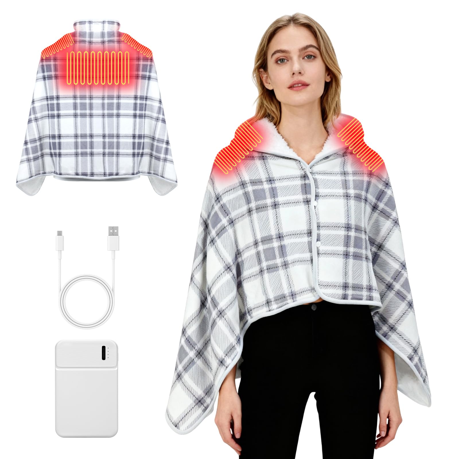 Plaid Riscaldato USB Portatile con Batteria 10000mAh, Sciarpa Termica Extra Large con 3 Livelli di Temperatura, Coperta Riscaldabile Indossabile Poncho Mantella con Chiusura a Bottone