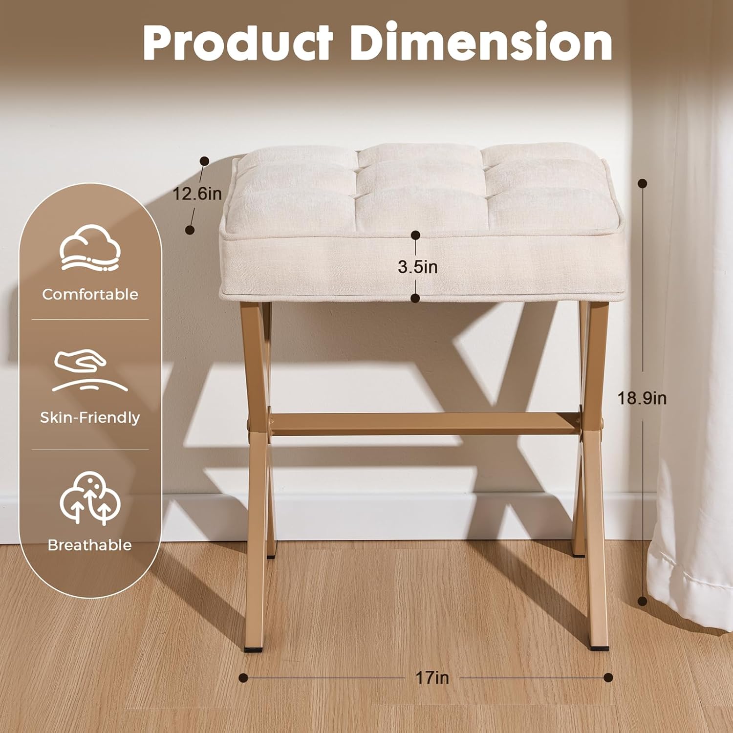 Modern Square Foot Stool Ottoman, Upholstered Vanity Chair with Metal X-Legs & Soft Linen Fabric - Versatile Seat and Footrest for Makeup, Living Room, Bedroom & Entryway(X-Yellow-White)