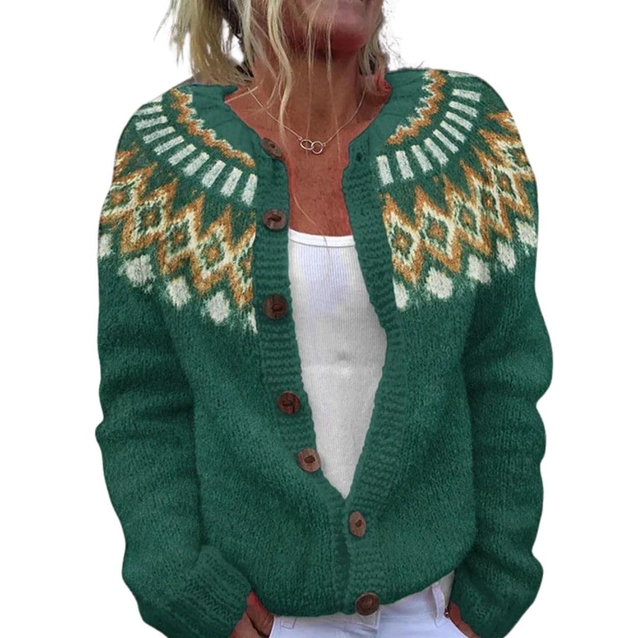 HOTYD Fair Isle Cardigan Sweaters for Women Crew Neck Loose Fit Button Up Chunky Sweater Open Front Casual