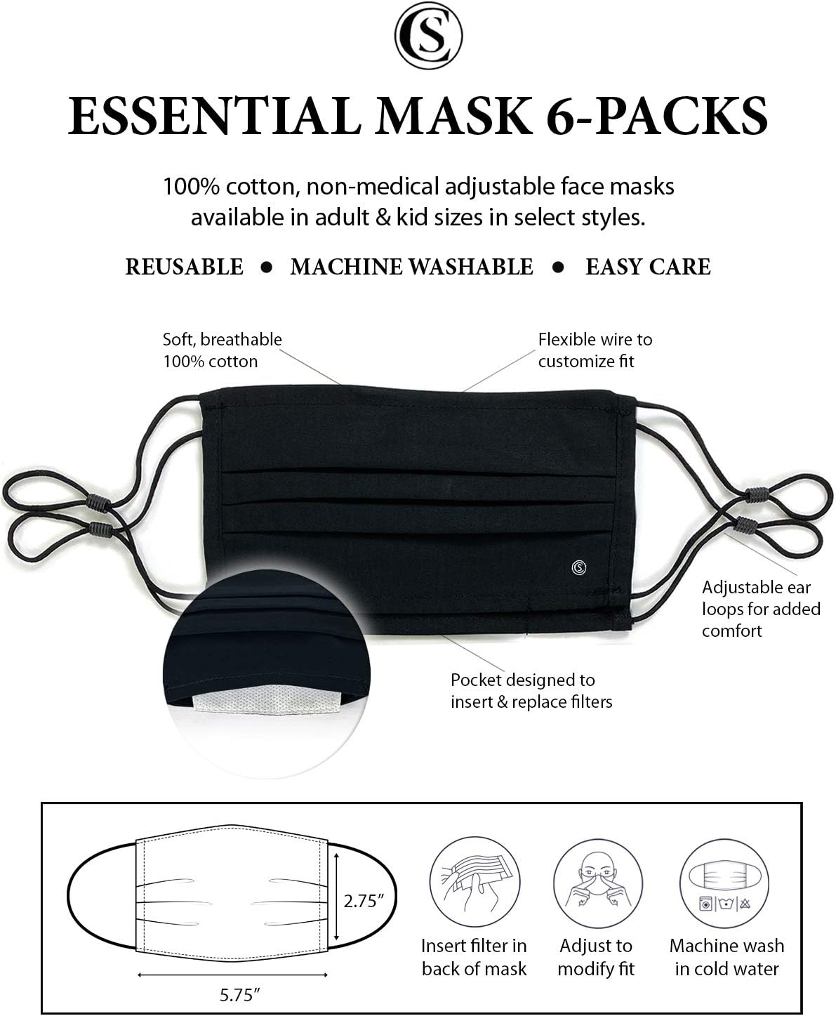 Kids Con.Struct Face Mask, Face Mask 6-Pack Washable Unisex Cotton Cloth Kids Face Mask (Black Solid)