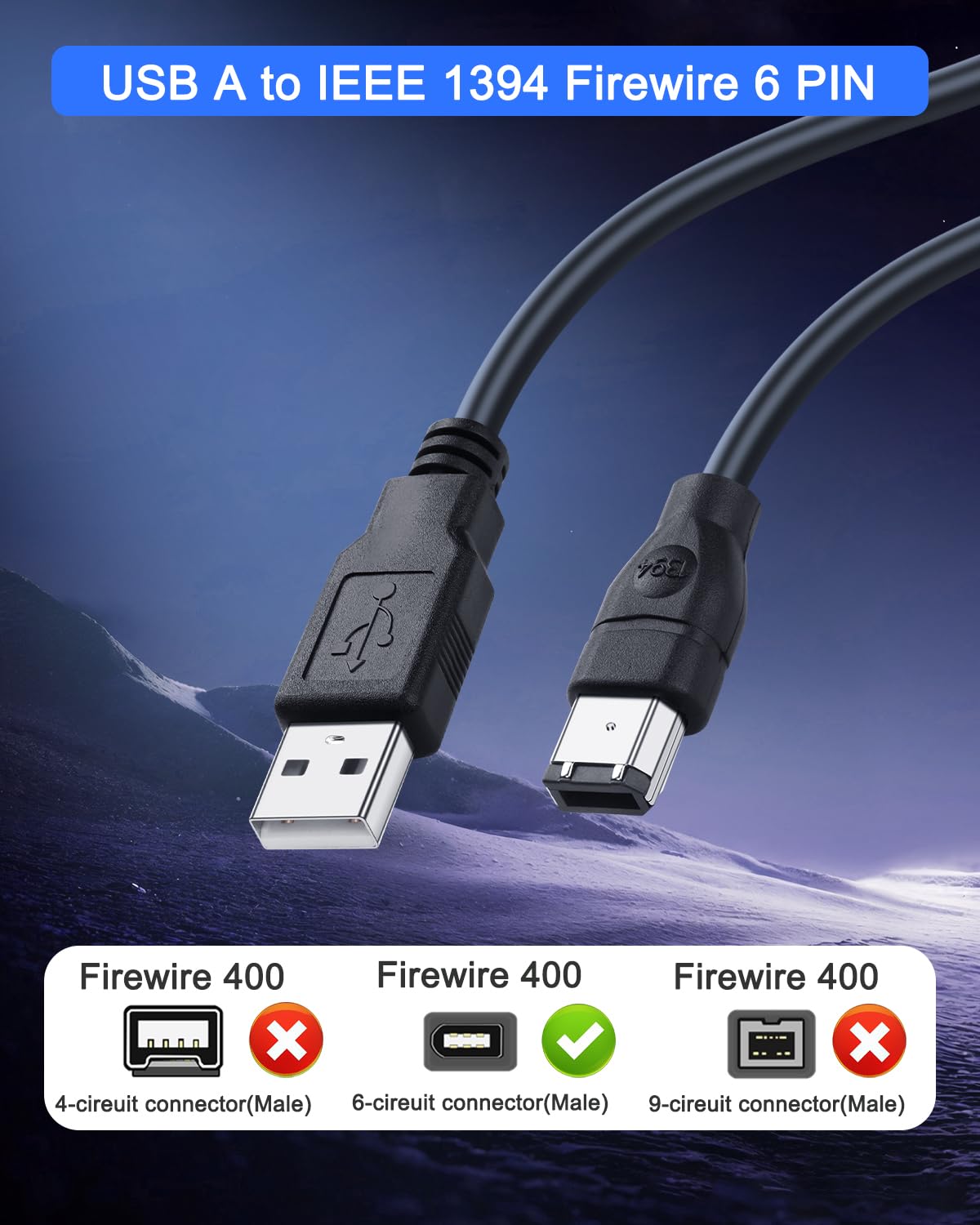 6FT Firewire 6Pin to USB Adapter Cable，USB 2.0 A Male Firewire IEEE 1394 6 Pin Convertor Cable for Printer, Scanner, Digital Camera, Hard Disk