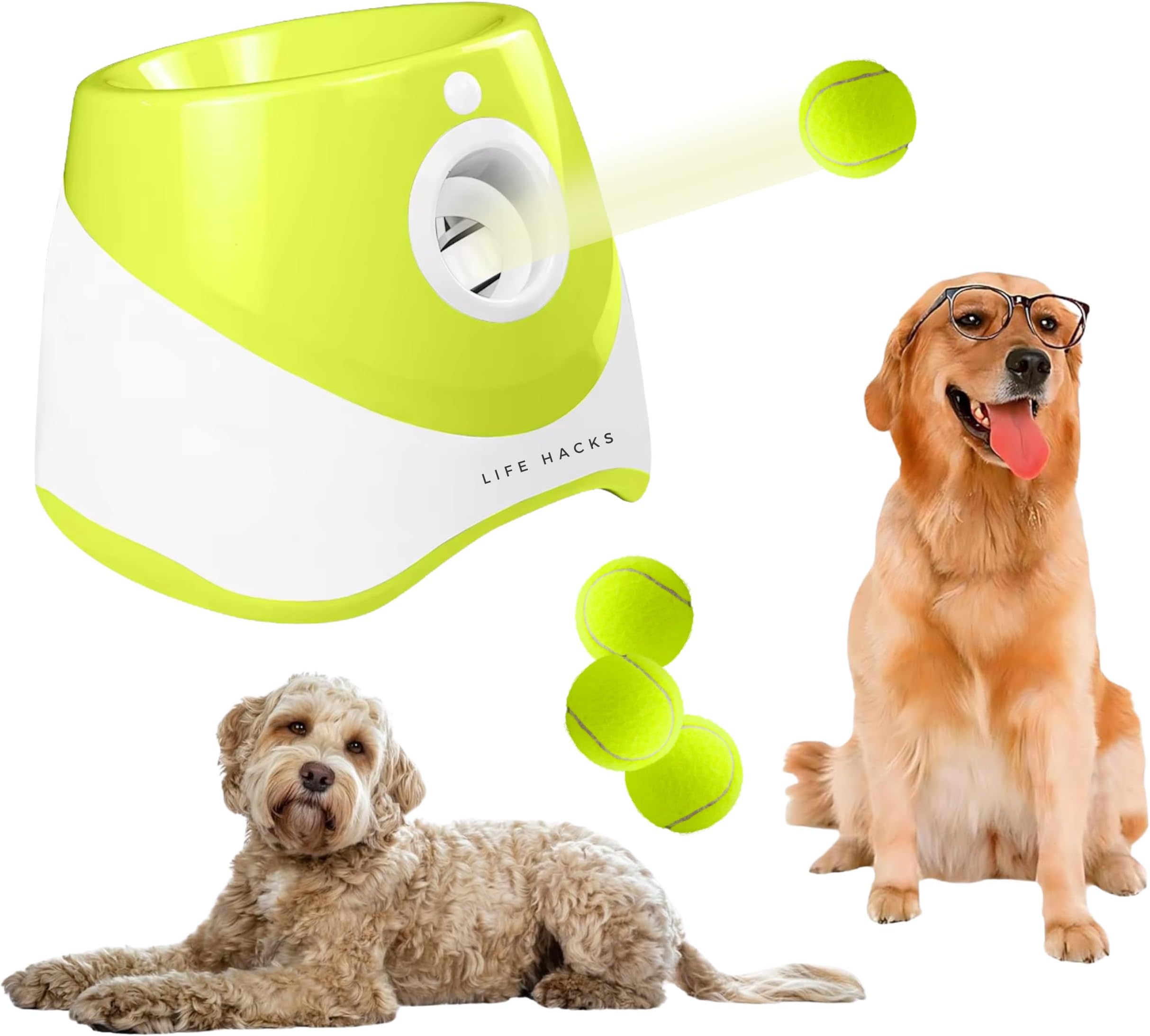 LIFE HACKS® Automatic Dog Ball Launcher for Small & Medium Dogs, Interactive Tennis Ball Thrower with 10-30Ft Adjustable Distance, Indoor/Outdoor Puppy Dog Toy, Includes 3 Balls & Charger (Green)