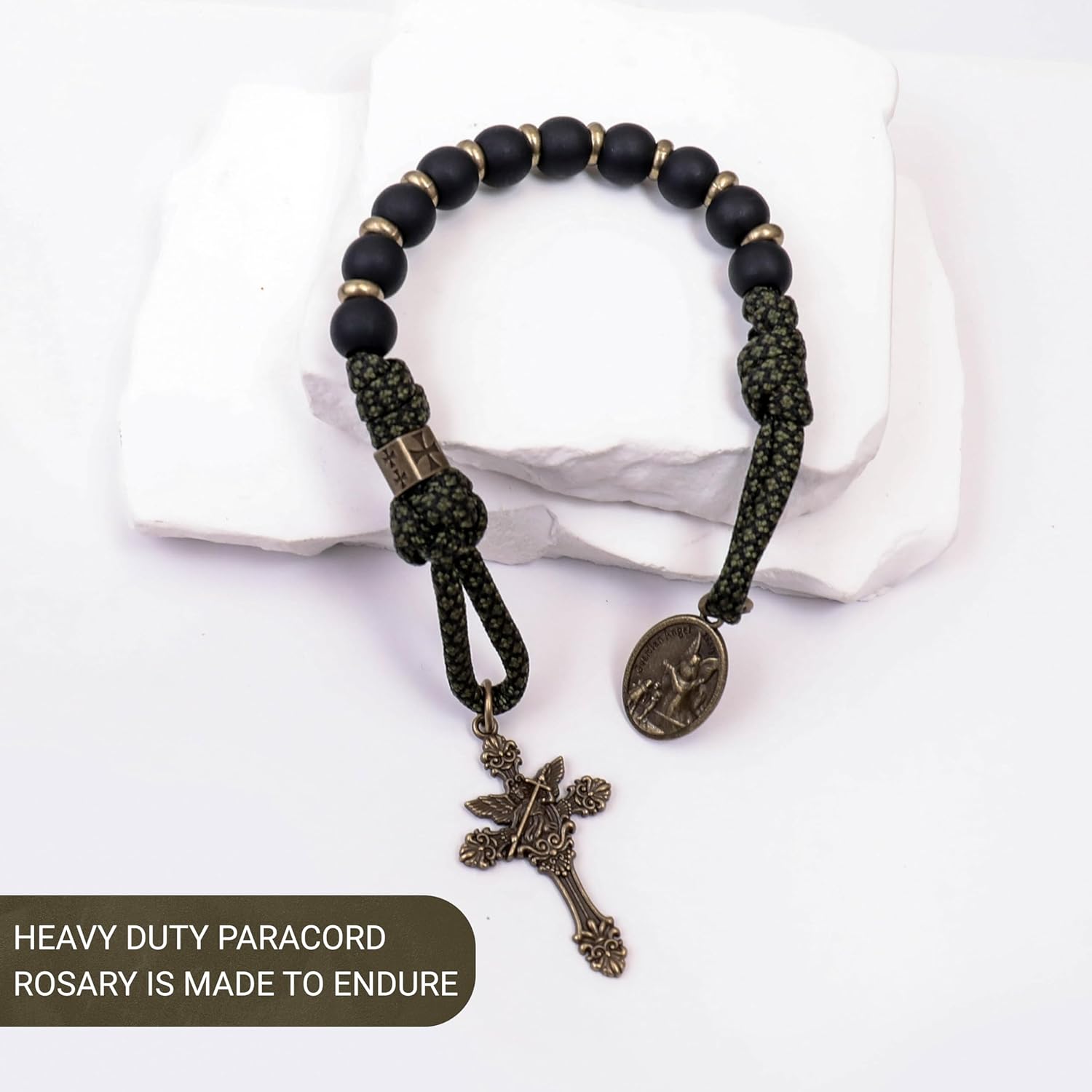 Nazareth Store NEW Antique Bronze One Decade Rosary Black Matte Beads Green Paracord Rosary Bracelet Handmade Catholic Travel Friendly Prayer - Image 3