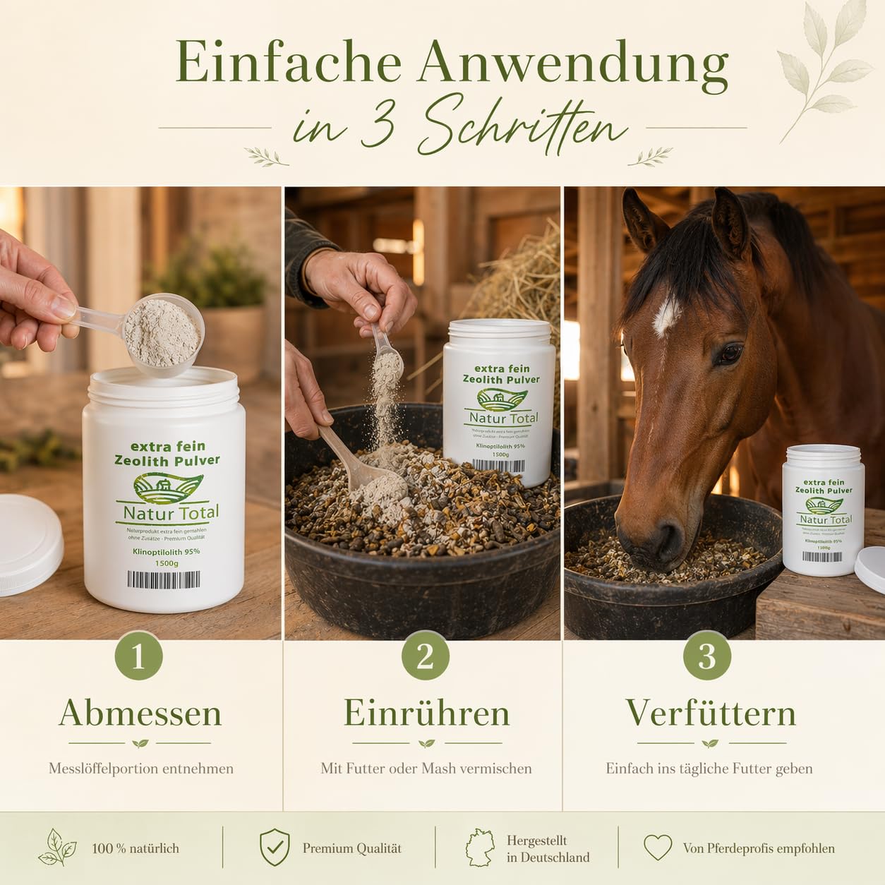 Natur Total Zeolith Pulver 1500g für Pferde, Hunde & Katzen – 93% Klinoptilolith, mikrofein mikronisiert – Futterzusatz schadstoffgeprüft – EU-Zulassung E567/E568