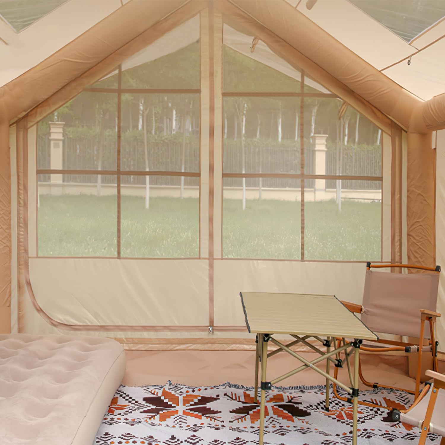Aufblasbares Gampingzelt mit Kaminöffnung & Dachfenster, Glamping Zelt für Outdoor, Aufblasbares Zelt aus Wasserdichtem Oxford-Stoff 4 Saison, Fenster & Türen mit Mesh
