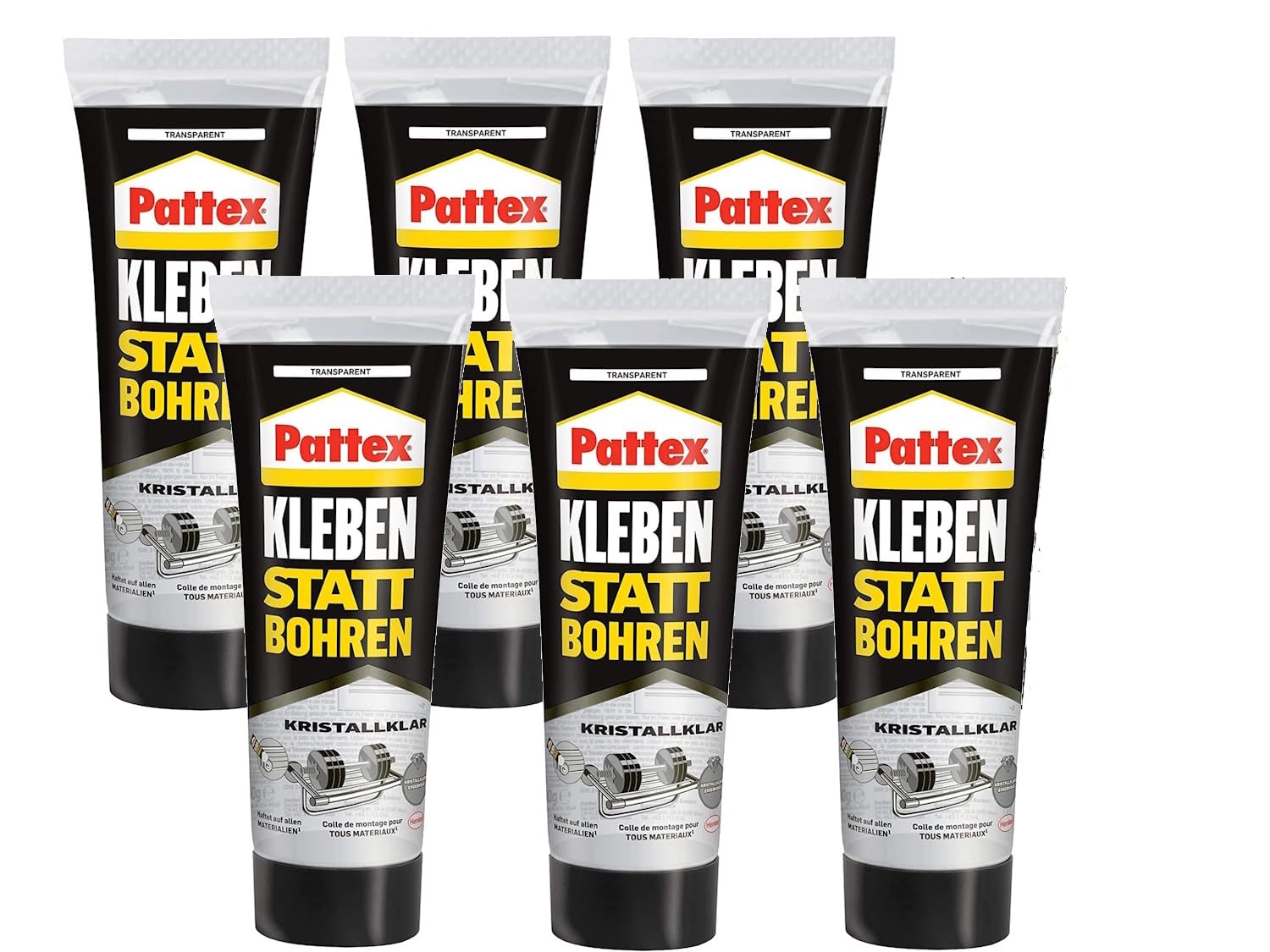 Pattex Kleben statt Bohren Kristallklar, Tube, 6x 90g | Transparenter Kleber für unsichtbare Befestigungen – ideal für Glas & Dekoration