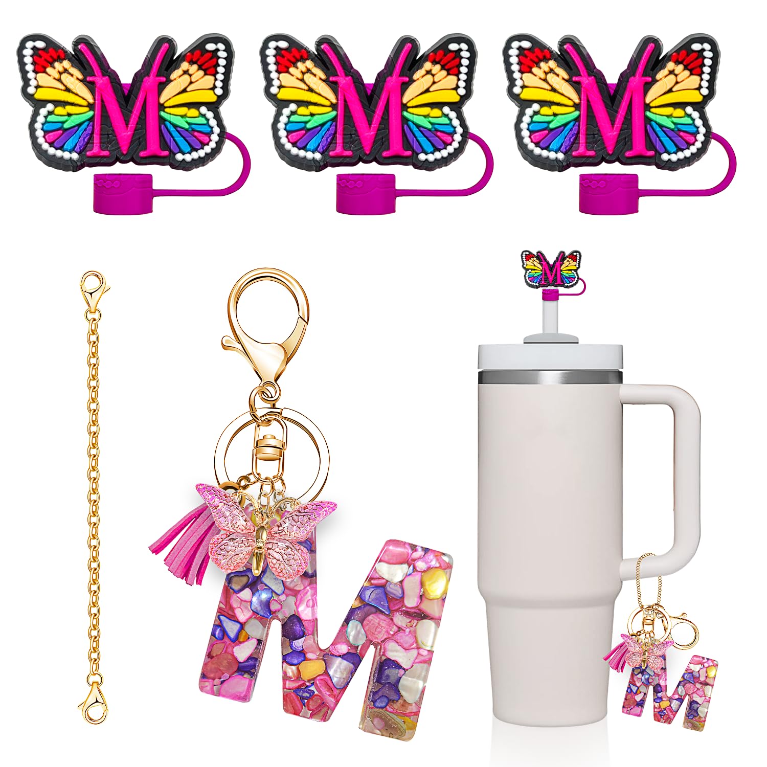 DMLNN Straw Covers for Stanley Cup, 3Pcs Butterfly Initial Letter Straw Covers with Initial Letter Keychains - RoseRed (Letter M)