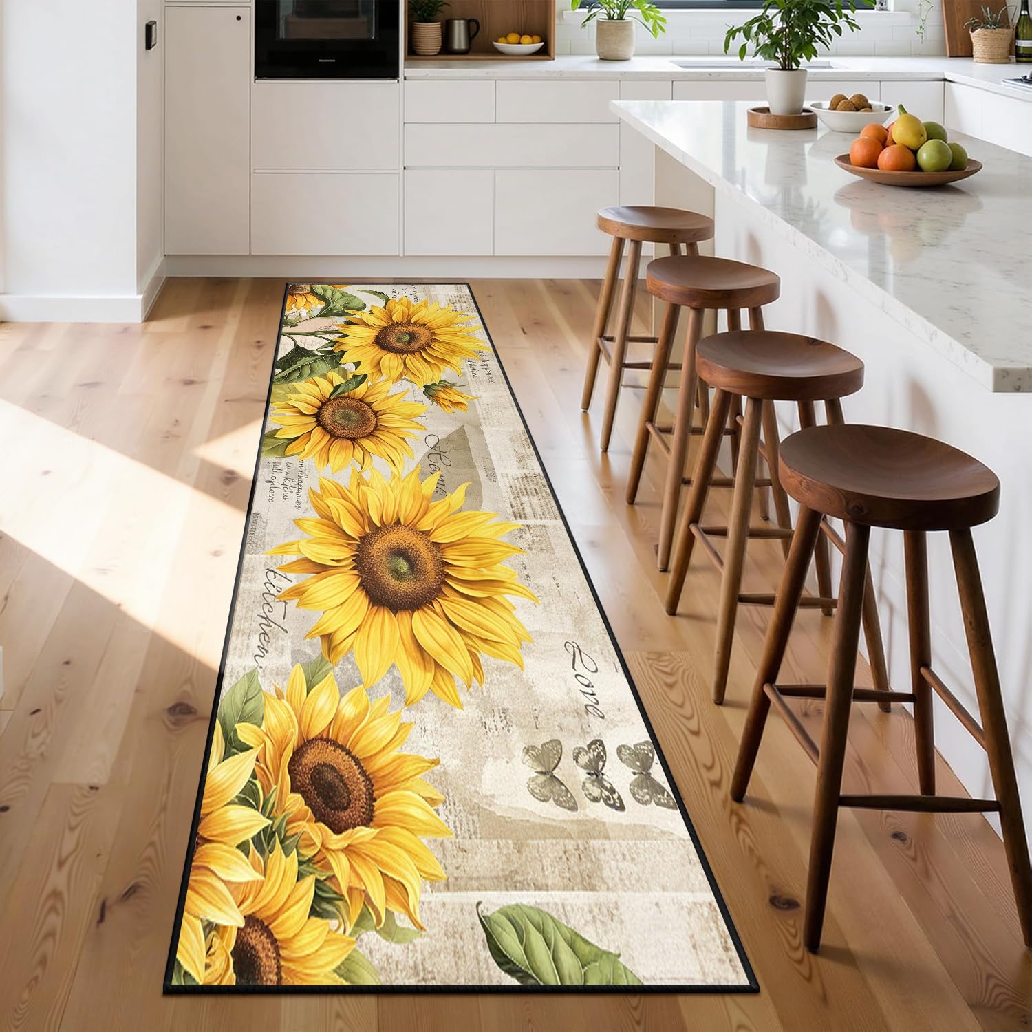 Schäbig Schick Sonnenblumen Schmetterlinge Flur Läufer Teppich, 60x180cm, Nostalgisch Vintage Zeitung Küche Matte, Widerstandsfähig Weich Haustier Freundlich Teppiche, für Boden