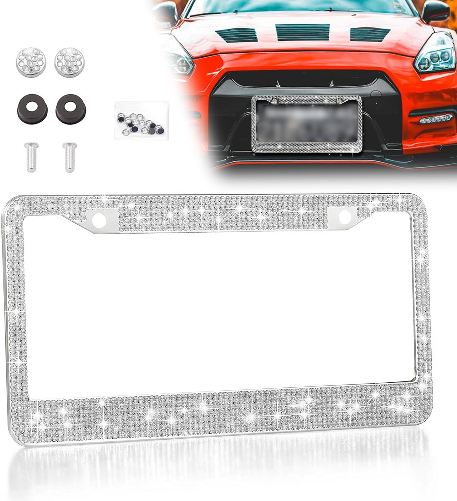 Pack-1 US Car License Plate Frame with Shiny Diamonds, Stainless Steel Car Plate Protection Cover, Automobile Plate Decorations, Universal for Most Cars, Trucks and Vans (White)