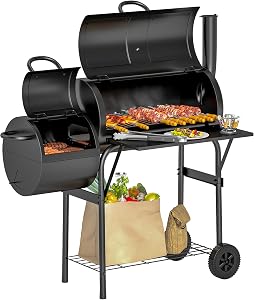 Outsunny Portable Outdoor Charcoal BBQ Grill with Offset Smoker, Barbecue Grill with Spacious Cooking Area, 2 Shelves, Thermometer, Wheels for Patio Backyard Party, Black