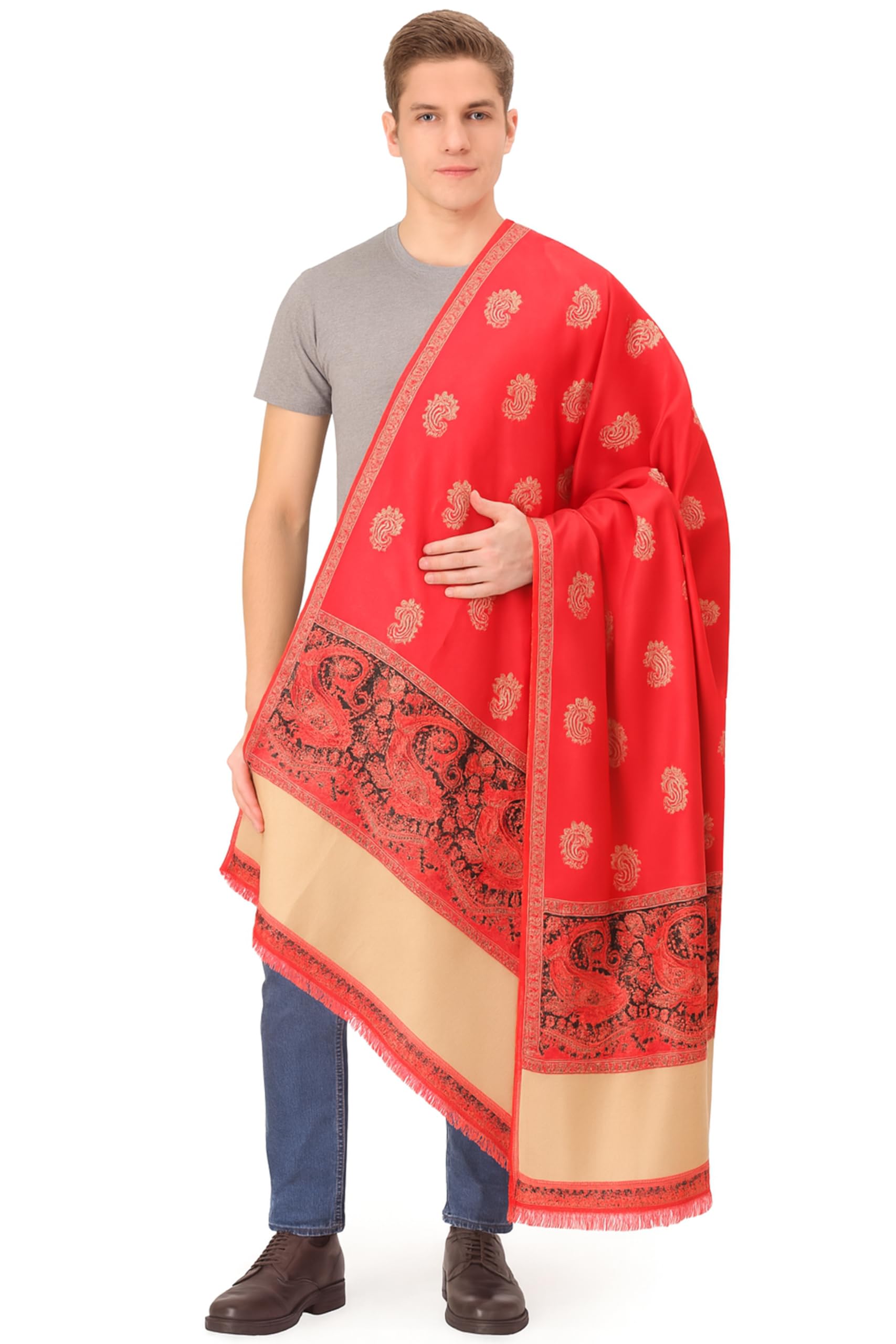 Men's Kashmiri Acro Wool Floral Print Self Design Border Warm and Soft Shawl for Winter-image-46