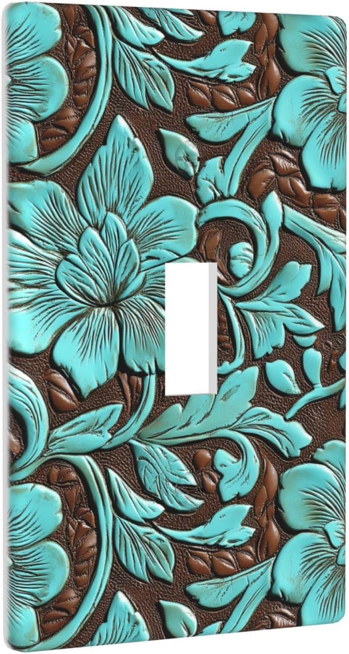 Leather-Tooled Turquoise Pattern, Light Switch Cover Decorative Single Toggle 1 Gang Wall Plate For Kitchen Farmhouse Bedroom Bathroom Art Decor