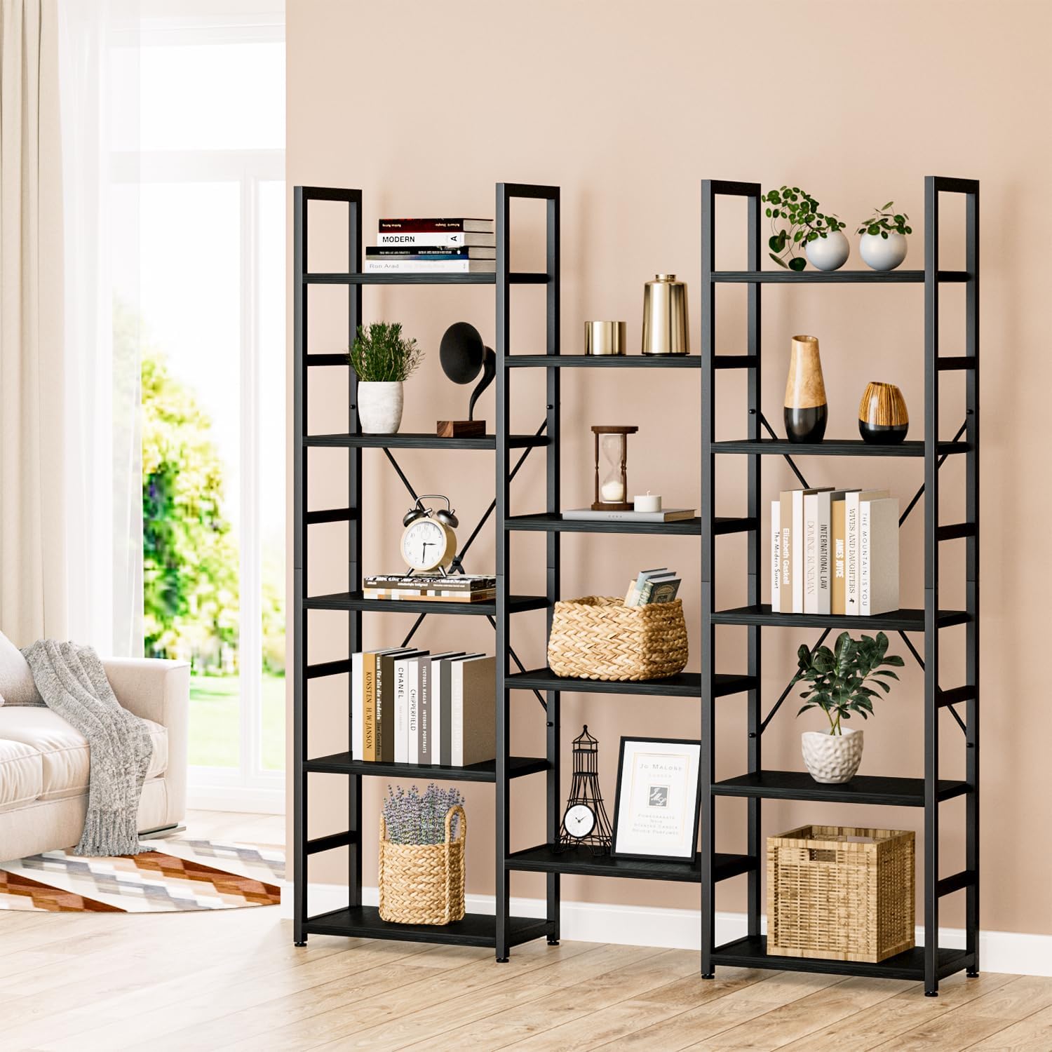 NUMENN Triple Column 5 Tier Bookshelf, Bookcase with 14 Open Display Shelves, Adjustable Rustic Industrial Style Book Shelves, Modern Bookshelves for Bedroom, Living Room and Home Office, Black - Image 5
