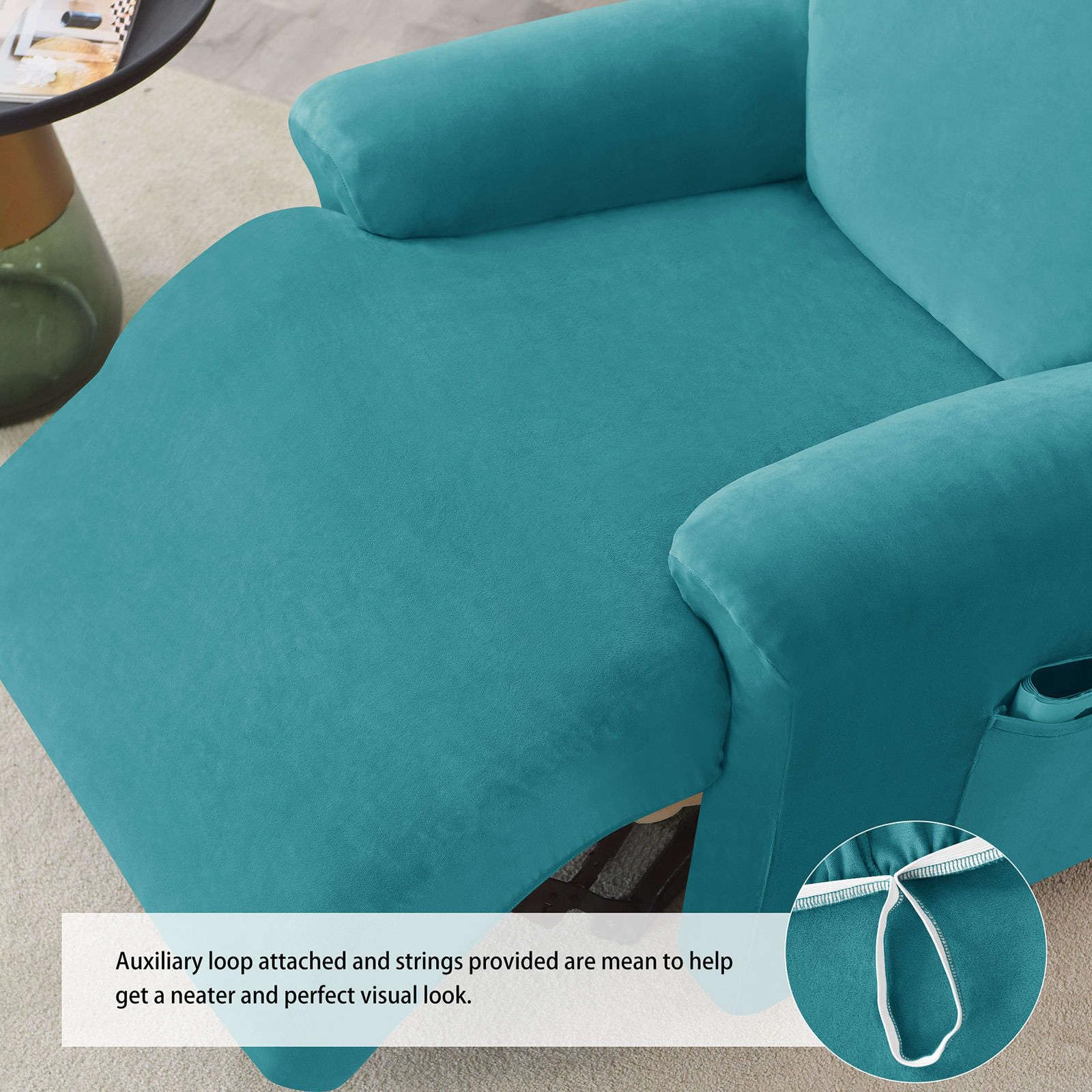 Copripoltrona Elastico Relax Velluto, Copripoltrona Reclinabile 4 Pezzi Morbido Antiscivolo con Tasche per Soggiorno-Teal-1 Posto
