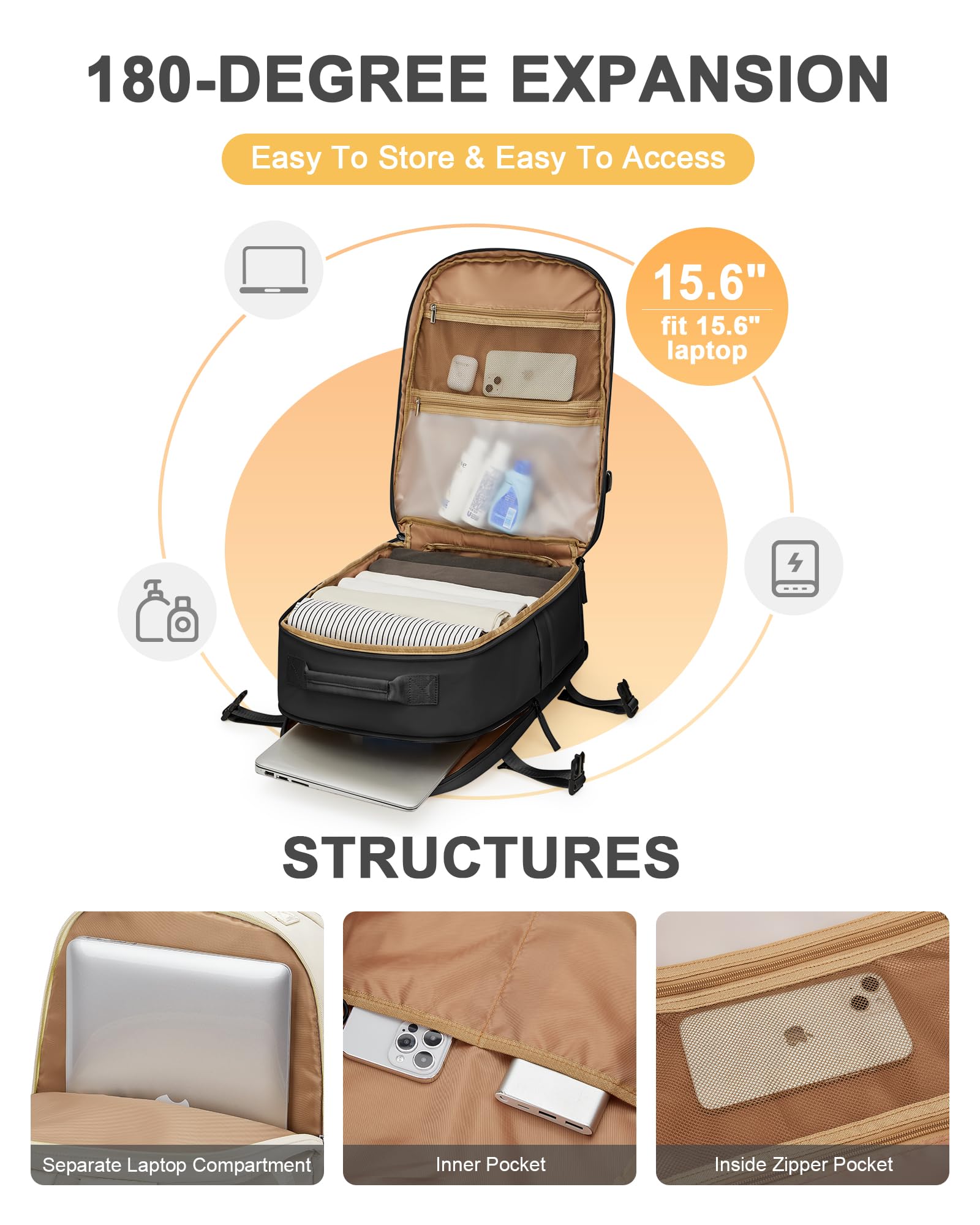 bergsalz Nero Zaino da viaggio grande da Donna zaino donna Uomo Zaino da escursionismo Sportivo Impermeabile Zaino Da Zaino Da Viaggio Aereo Bagaglio a Mano Zaino Fitness Casual laptop da 15.6 pollici