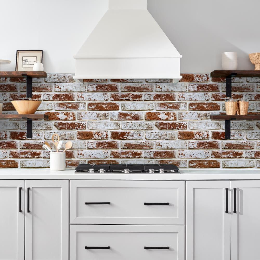 Commomy Faux Brick 3D Wall Panels - 12 pcs of 22.8" x 11.8" - Thin & UrltraLight PVC Peel Stick Tile Whitewash Red Brick Textured for Kitchen,Bedroom, Living Room,TV Background（Covers 22.48 sq.ft）