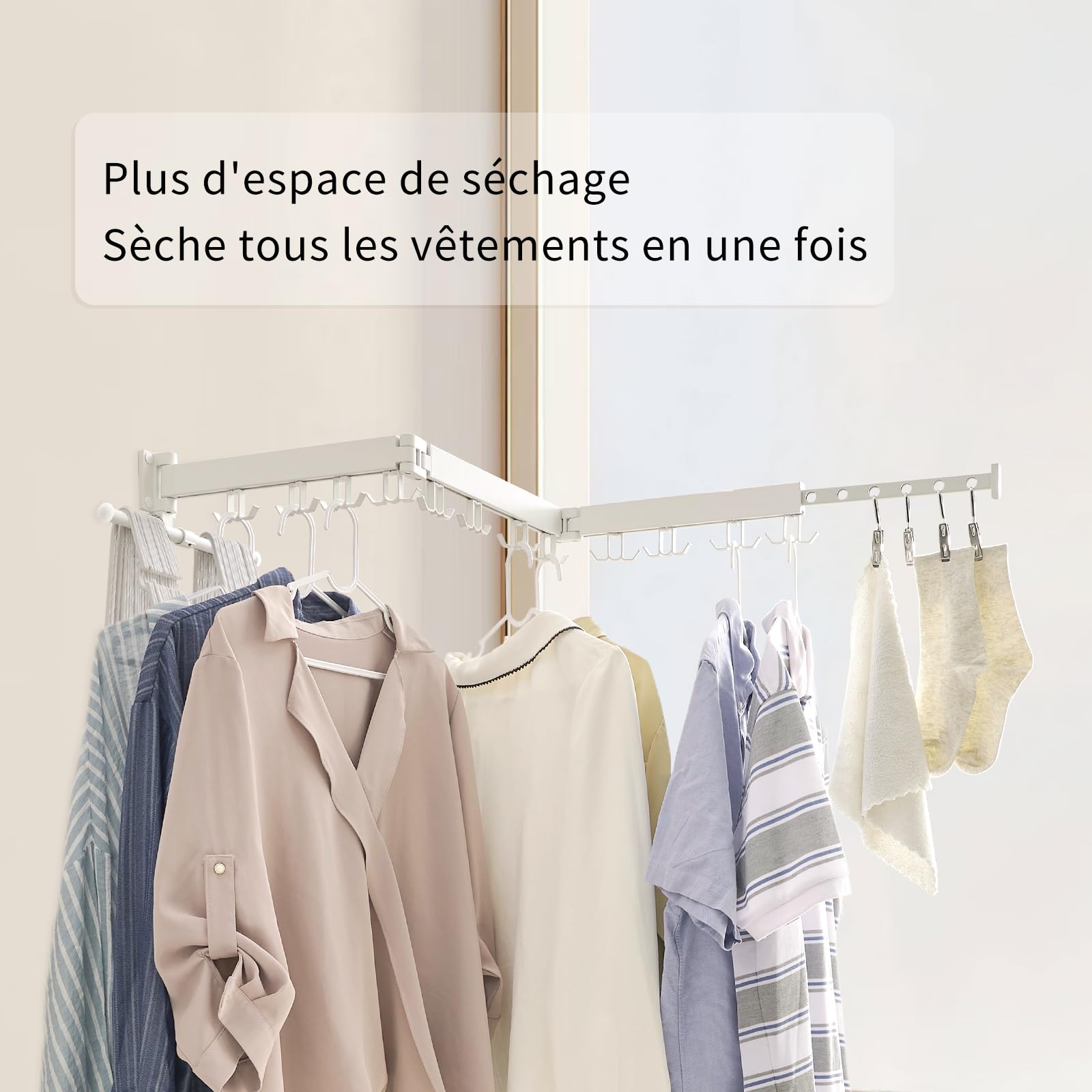 RFOUO Étendoir À Linge, Étendoir À Linge Mural, Séchoir À Linge Pliable, Étendoir À Linge Extensible, Convient pour Les Balcons, Buanderies, Salles De Bains Et Chambres (Blanc, 3 Plis)