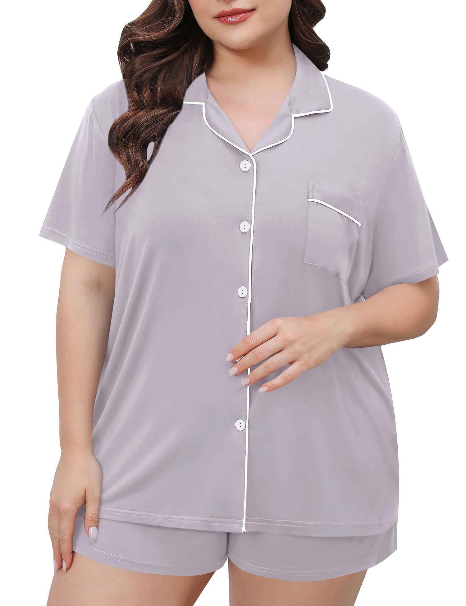 SWOMOG Women's Plus Size Pajamas Set Button Down Tops Short Sleeve Sleepwear Soft Pajama Shorts 2 Pcs Lounge Sets With Pocket
