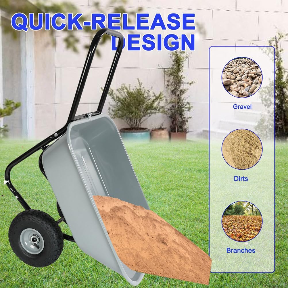 2 Wheel Wheelbarrow, Heavy Duty Yard Dump Cart Wheel Barrow with 10-inch Pneumatic Wheels 330 LBS Utility Garden Cart for Lawn, Gardening, Construction