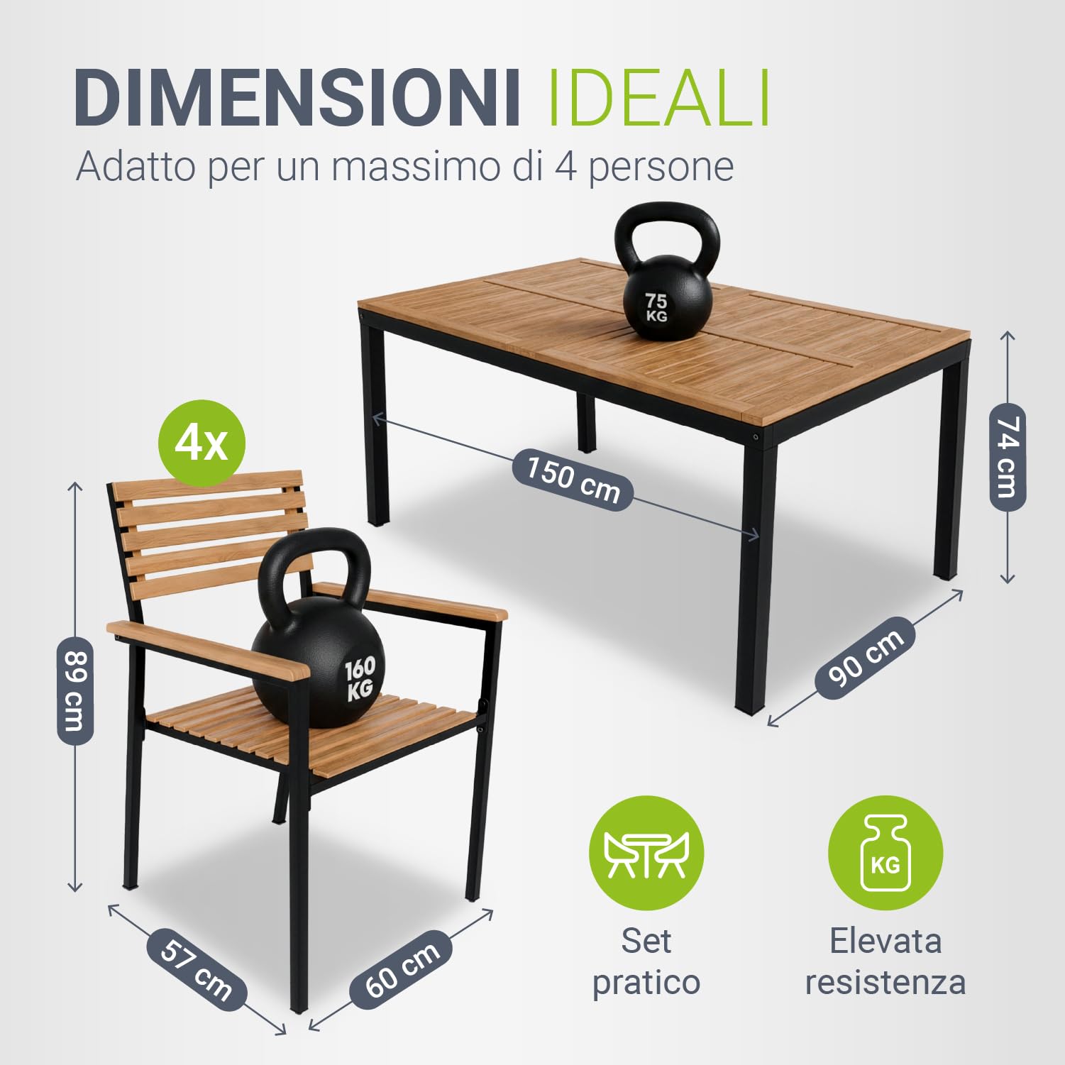 Juskys set di mobili da giardino Rhodos con legno di acacia - Tavolino, 4 sedie e cuscini - Set da cinque pezzi per terrazzo e ambienti esterni - Legno naturale e nero