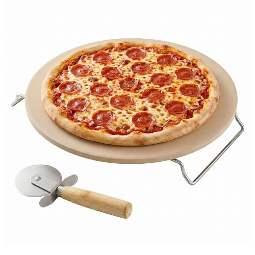 Ovente Ceramic Flat 13 Inch Pizza Stone Set with Crust Cutter Wheel & Metal Rack/Handle, Compact Easy Storage Portable Baking Grilling Stone Thermal Shock Resistance for Oven Grill BBQ, Beige BW10132
