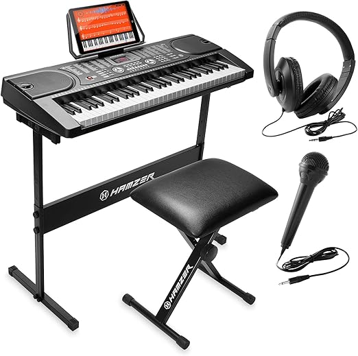 Hamzer 61 Key Keyboard Piano with Built-In Speakers, Stand, Bench, Headphones, Microphone & Key Labels - Electronic Musical Keyboard Set for Beginners