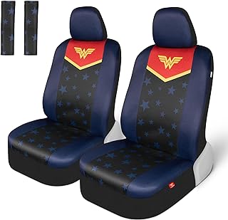 Carbella Warner Bros DC Comics Wonder Woman Car Accessories Seat Covers - Front Pair Includes Removable Head Cover, Matching Seat Belt Pads, Side Airbag Compatible, Universal Fit, Waterproof