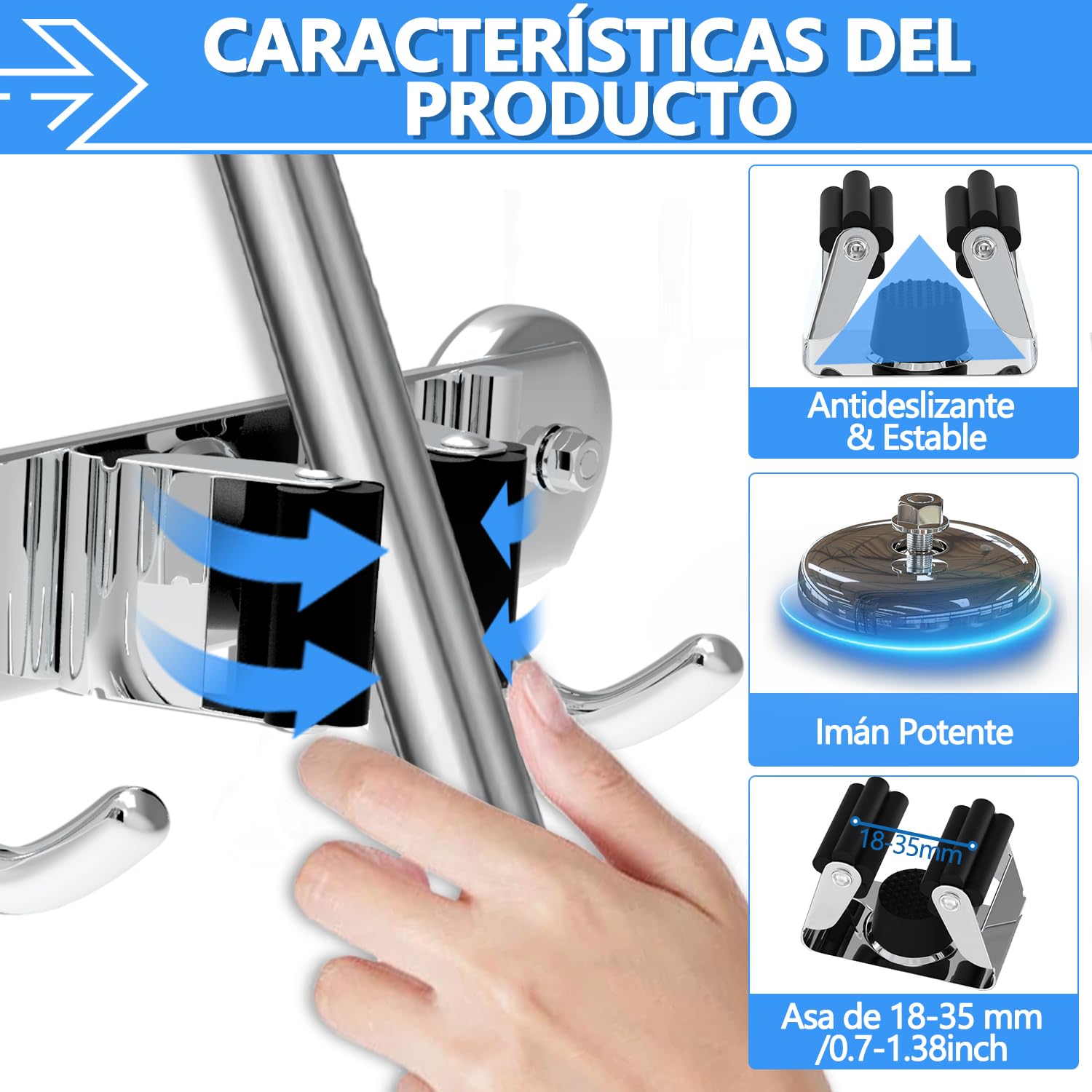 3-H Colgador Escobas Magnético 36cm, Soporte Escobas Pared SUS304 Acero Inoxidable 20KG Carga Colgador Escobas y Fregonas Sin Perforar para Restaurante, Cocina, Baño, Garaje con Tornillos
