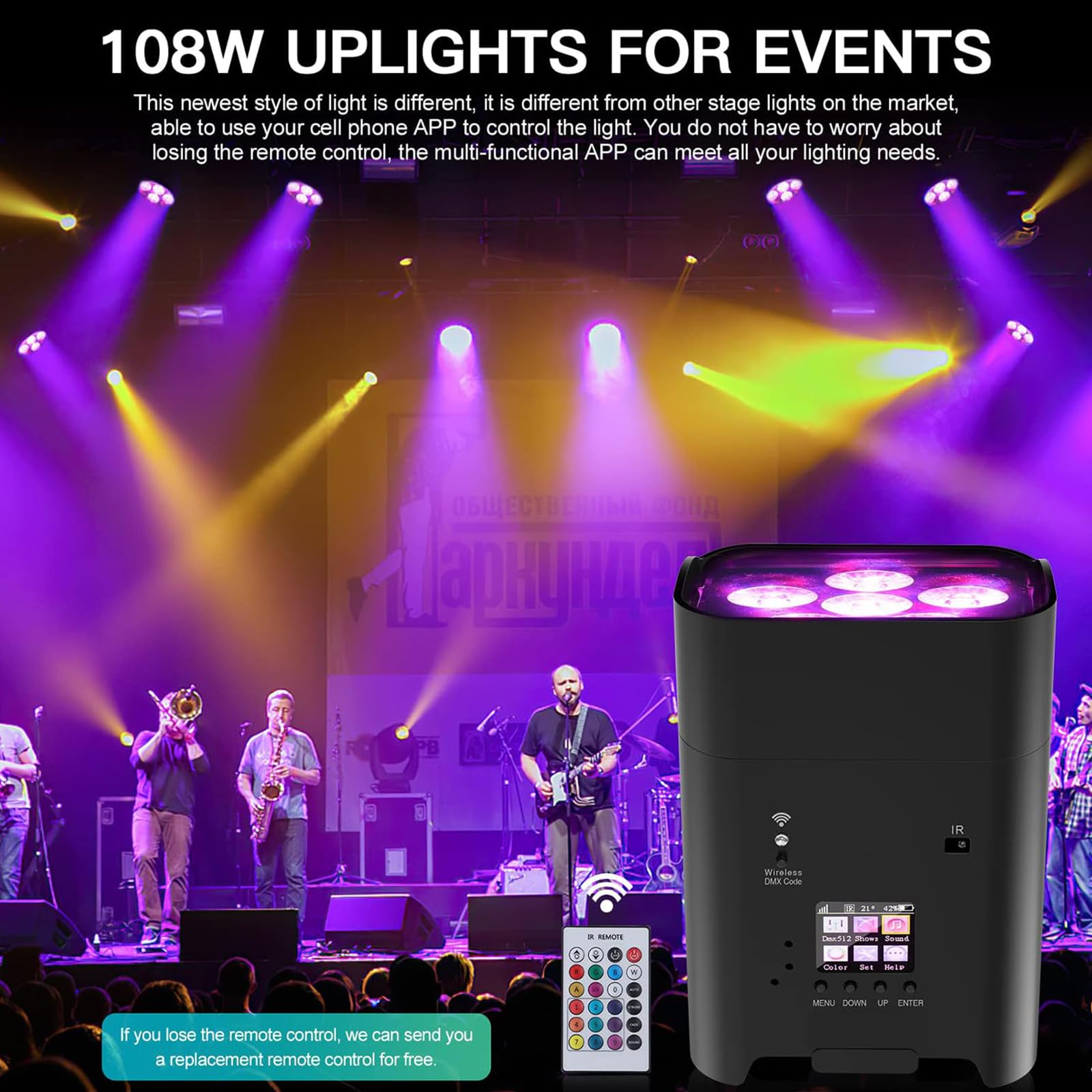 Luce par a LED senza fili, 6 x 18 W RGBWA+UV Uplighting con APP, telecomando e controllo DMX, alimentato a batteria per DJ Live Spettacoli Matrimoni Eventi