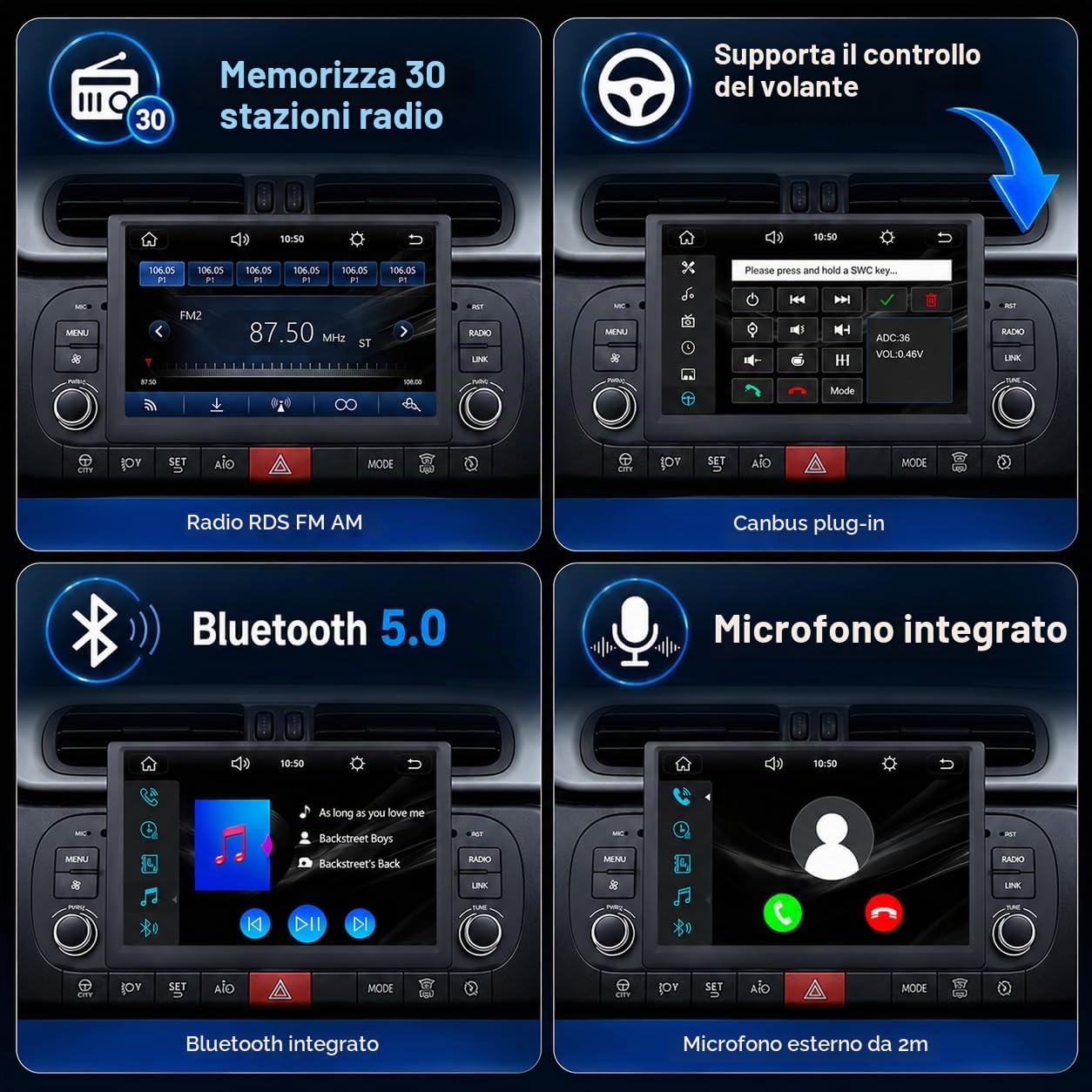 FIAT Panda 2013-2020 Autoradio 1 DIN CarPlay wireless Android Auto DSP RDS | Sistema Linux,avvio rapido 2s,Plug&Play,Bluetooth,CANBUS,comandi volante originali,schermo supporto telecamera posteriore