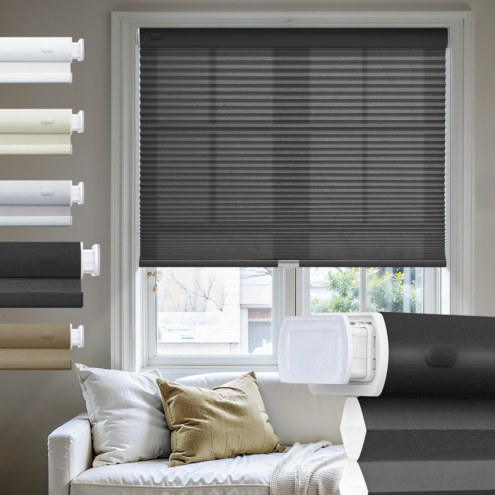 Moonice No Drill Cellular Pleated Blinds Cordless Cellular Blinds Light Filtering Color-Matched Shades Thermal Insulated 3.8cm Honeycomb Shade for Windows Home (Black,90cm W x 198cm H)