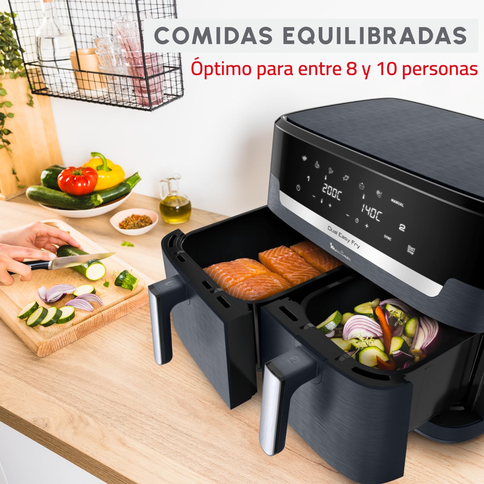 Moulinex XXL Dual Easy Fry 11L: Freidora de Aire de Doble Cesta +8 Personas, Dos cestas (6,5 L + 4,5 L),7 Programas Automáticos, EZ942BF0