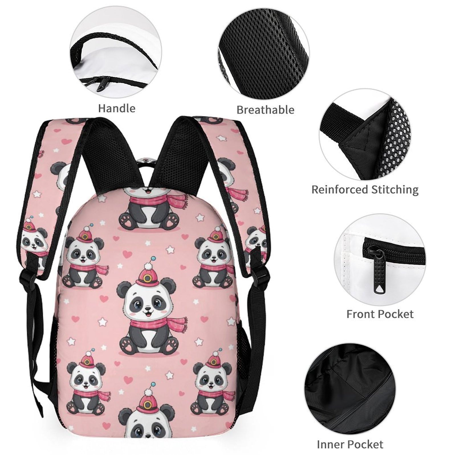 Ensemble sac à dos Panda mignon (10) avec boîte à lunch, trousse de maquillage et accessoires de toilette