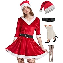 Mrs Claus Costume Adult Women, 2025 Christmas Santa Outfits Dress With Hat Belt Fur Leg Warmers Fishnet Stockings