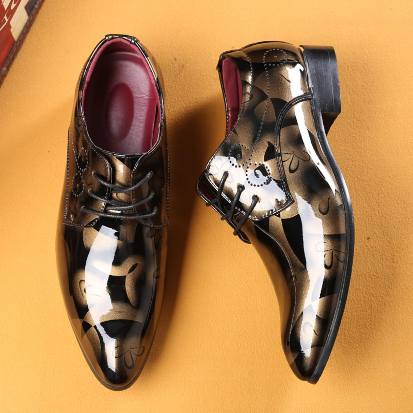 Hitmars Buty Oxford dla mężczyzn Derby buty męskie formalna sukienka biznesowa sznurowane buty skóra lakierowana oddychające klasyczne wsuwane półbuty złote 1, 9 UK (Gloi-GH1-GD44-bro), Złoty 1, 41.5