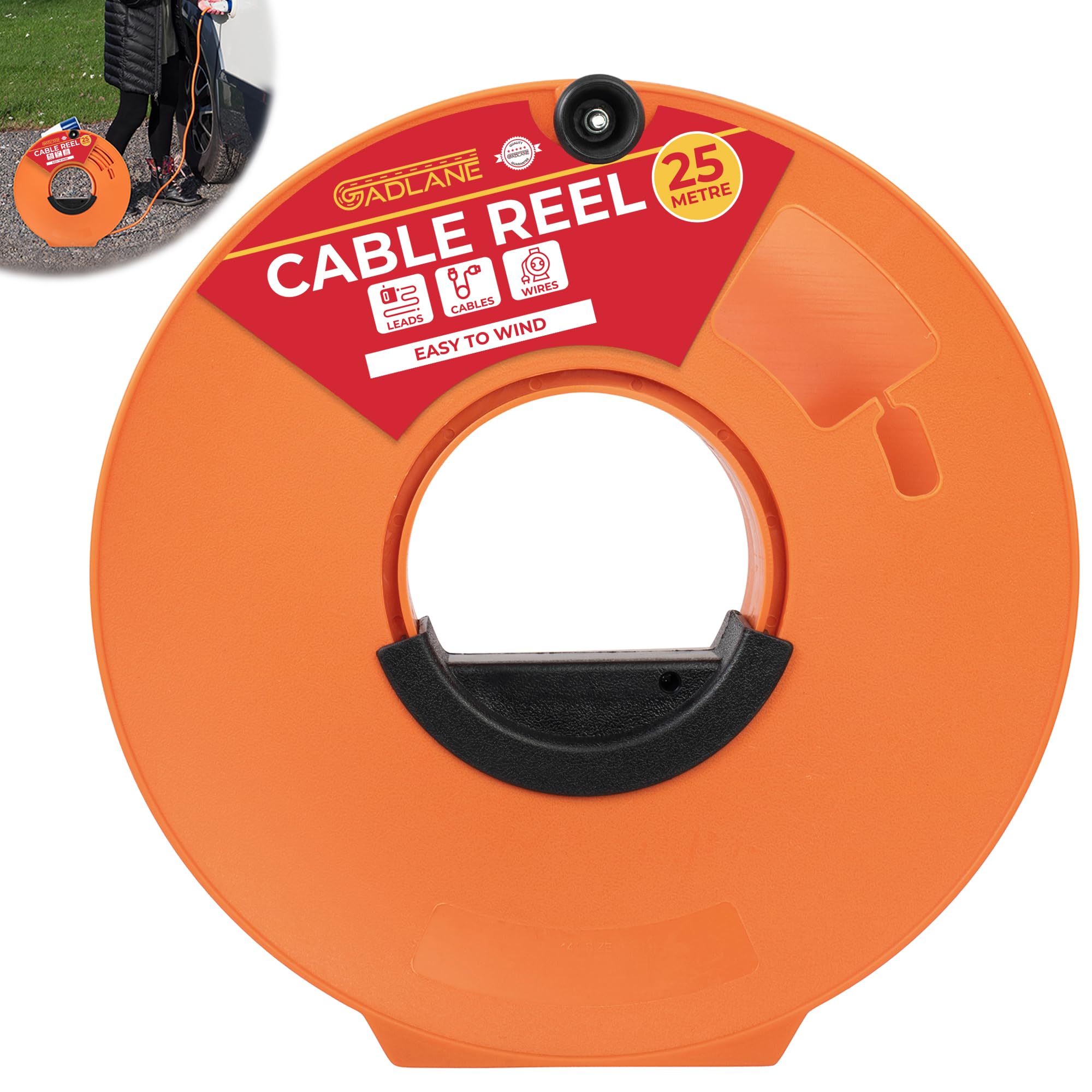 Cable Tidy Reel 25m - Cable Reel Empty Orange Camping Electric Hook Up Cable Winder for Extension Leads, Christmas Lights Storage, Caravan Leads, EV Cables, Garden Hose