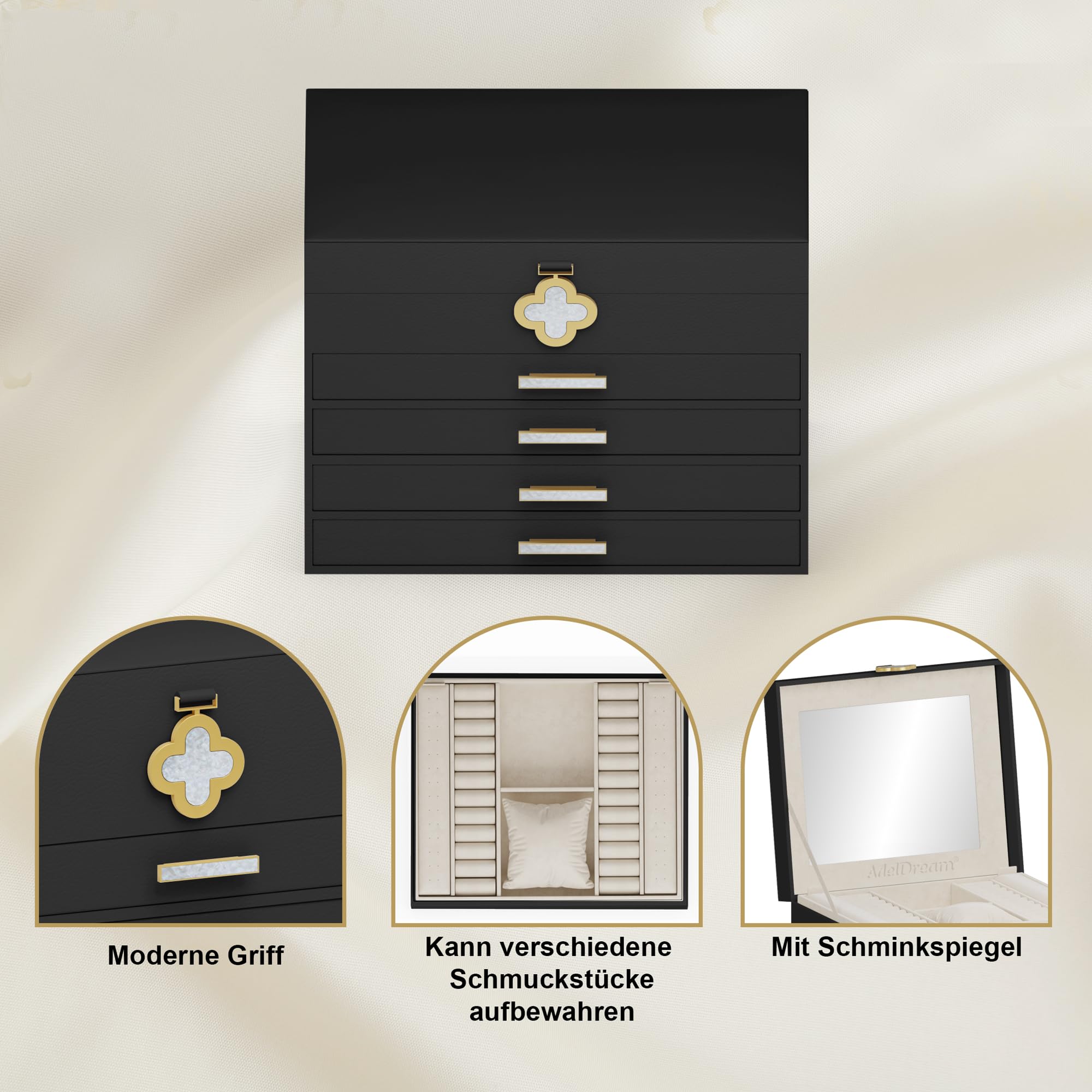 ADEL DREAM Portagioie a 5 ripiani con bottone a forma di quadrifoglio, con vassoio estraibile, con grande specchio, scomparti regolabili fai da te, per mamme e ragazze, colore nero