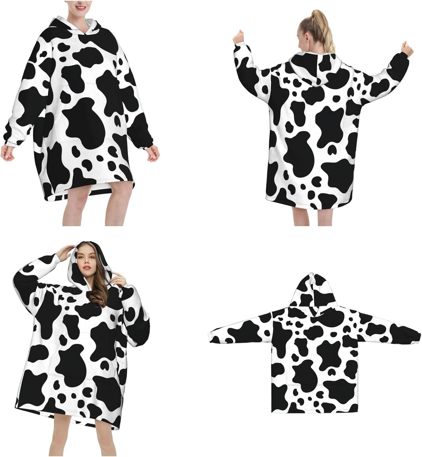MUSM Black And White Cow Print Blanket Hoodie Fleece Sweatshirt Blanket With Sleeves And Pockets
