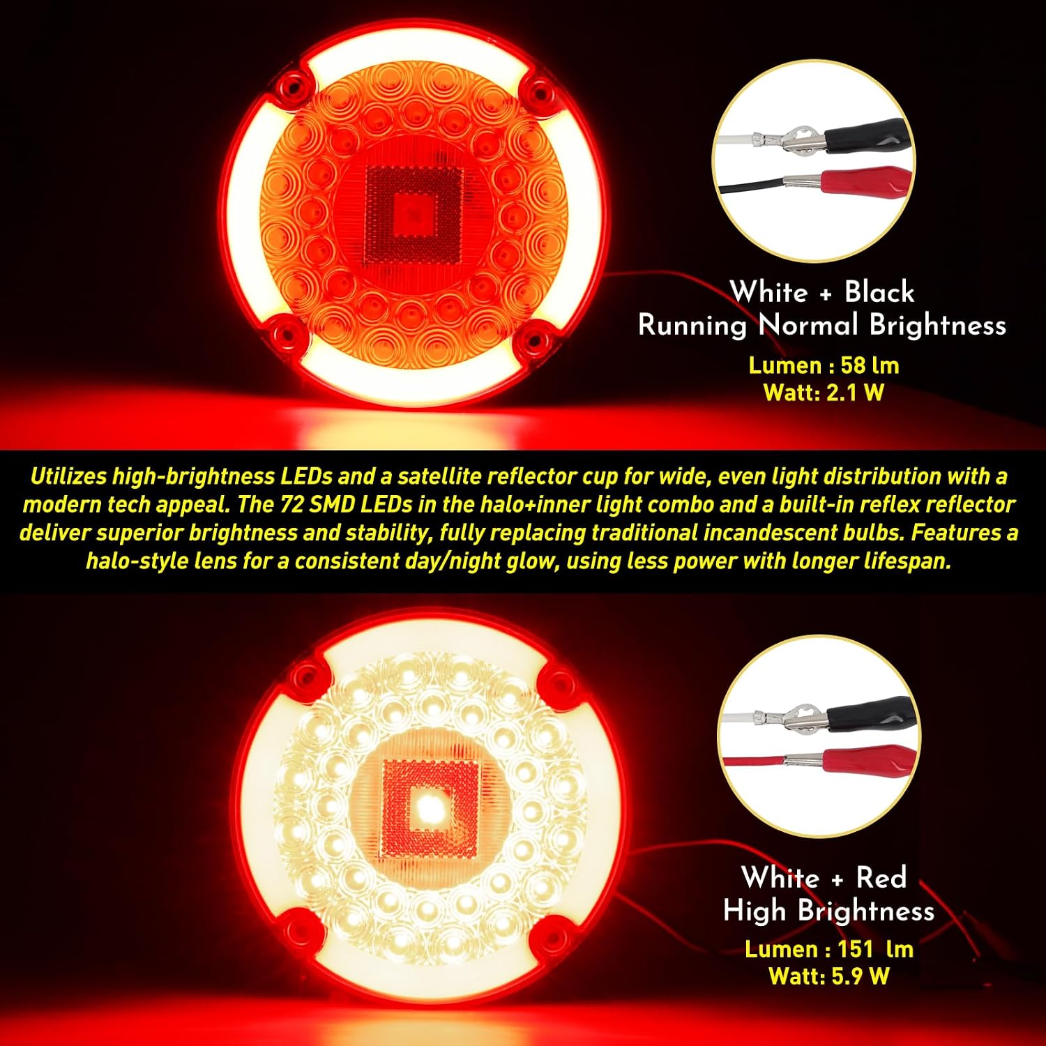 2Pcs 7" inch Round Halo Transit Bus Tail Lights 72 LEDs Stop Brake Turn Signal Running Lights Tail light w/Surface Mount Gasket Waterproof Sealed IP67, RV Camper for DC10-30V(Red Lens_Red Light)
