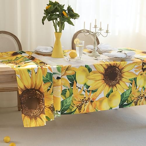 Miniatura 5 de Manteles estilo acuarela de girasol y limonada de 60 x 120 pulgadas, mantel floral de girasoles, resistente al agua, mantel oblongo, diseño de
