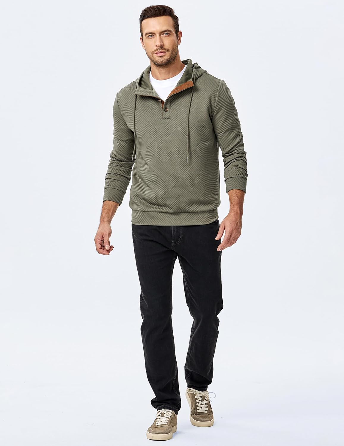 JMIERR Mens Hoodies Fall Casual Cotton Textured Long Sleeve Half Button Pullover Hooded Sweatshirts - Image 3