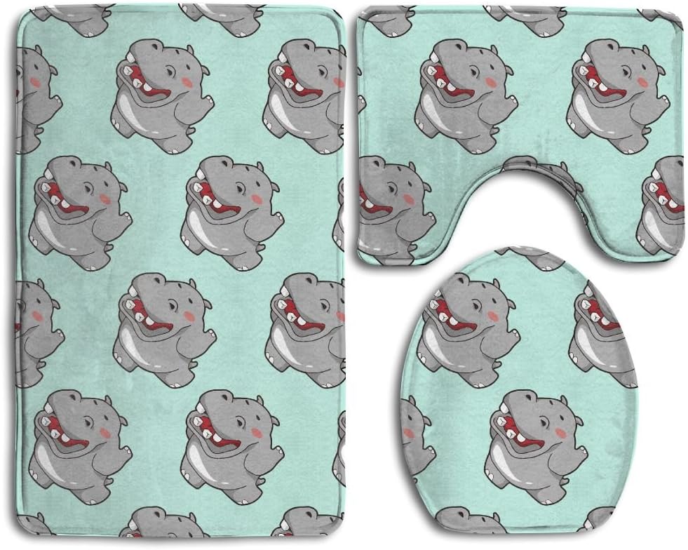 SWSW Cute Hippo Cartoon Pattern 3 Piece Bathroom Rug Set Bath Mat, Contour Rug, Toilet Lid Cover