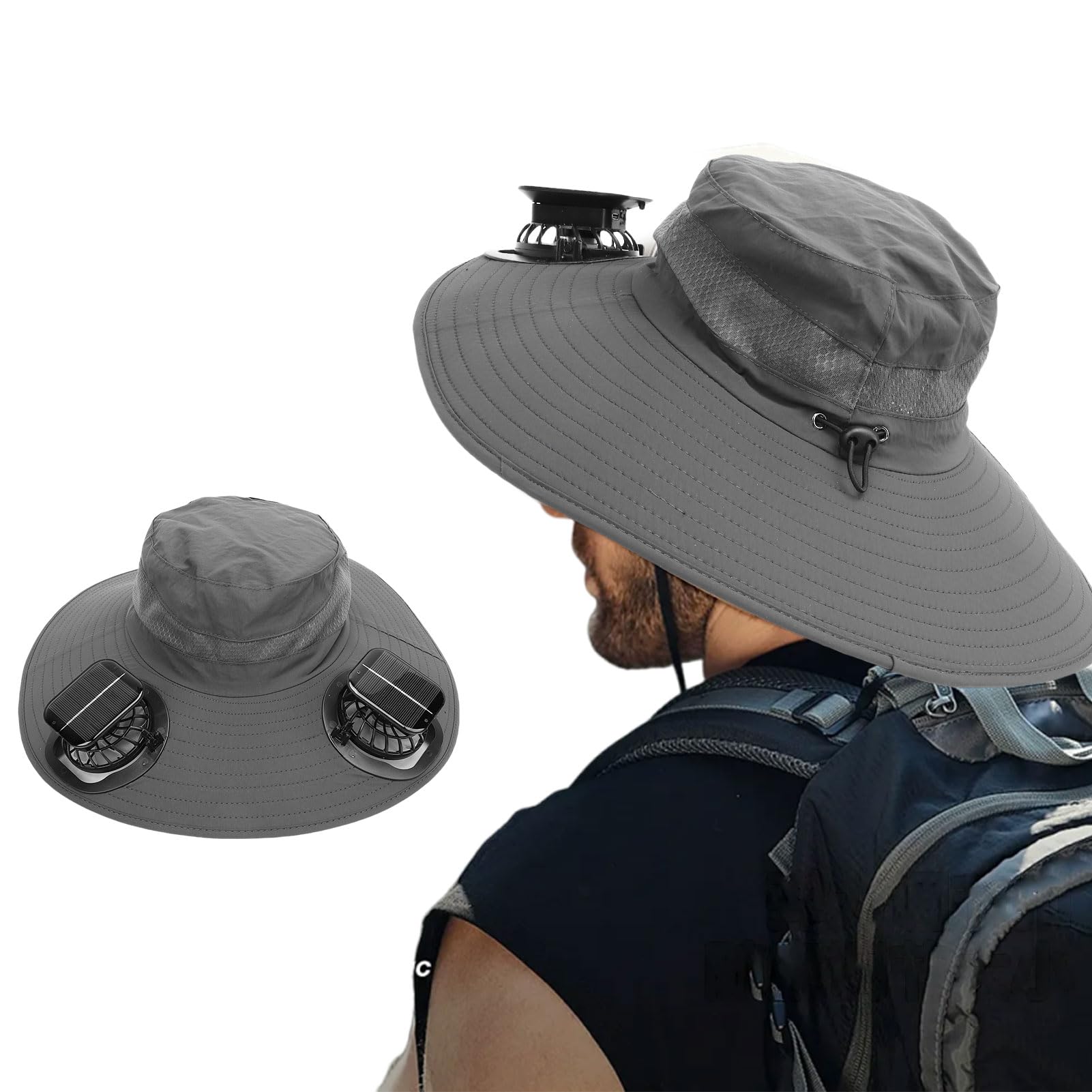 Cappello da Ventilatore Solare per Uomo e Donna con Ventole Solari di Raffreddamento, Traspirante, Leggero, Cappello da Pesca per Protezione Solare, Portatile (Grigio)