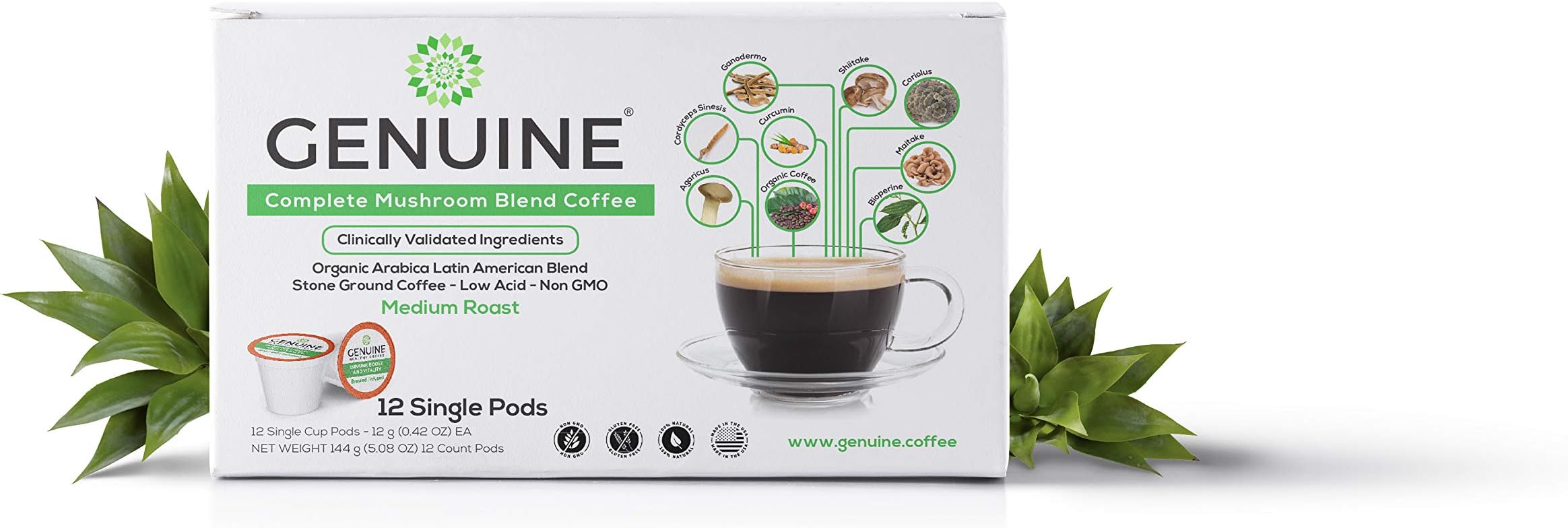 GENUINE HEALTHY MUSHROOM Coffee for Immune Boost & Vitality; Organic Non-GMO Arabica Blend Stone-Ground Coffee, Medium Roast, Low Acid, 6 Medicinal Mushrooms Infused (12 Single Cup Pods)