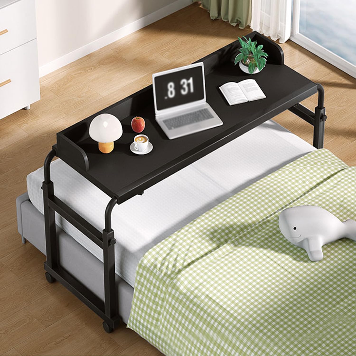 Carrello per Computer, comodini sopra Il Letto con Ruote, Tavolo ospedaliero sopra Il Letto, Altezza Regolabile e portabicchieri Laterale, Soggiorno Matrimoniale (Colore: Nero+)